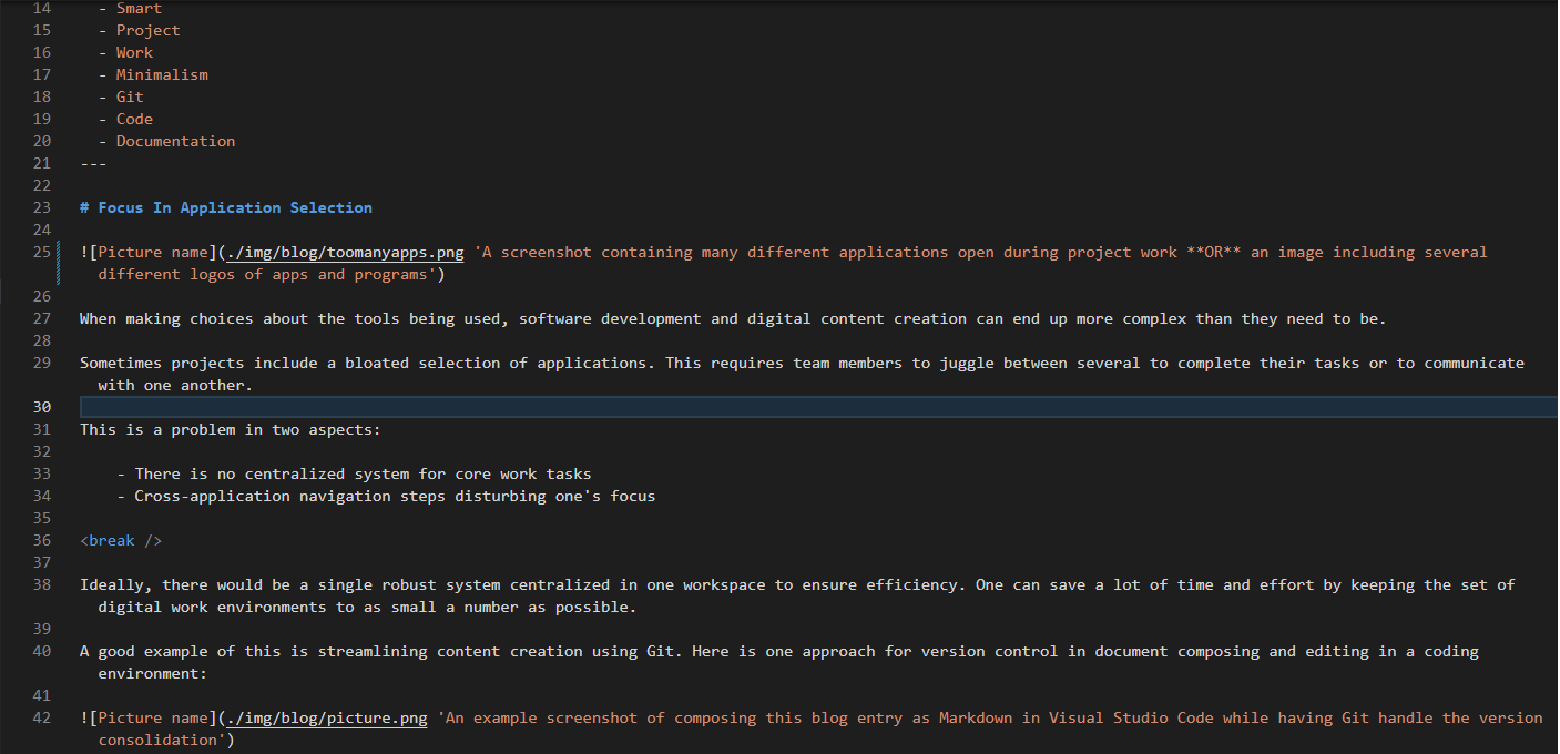 An example screenshot of composing this blog entry as Markdown in Visual Studio Code while having Git handle the version consolidation Markdown writing