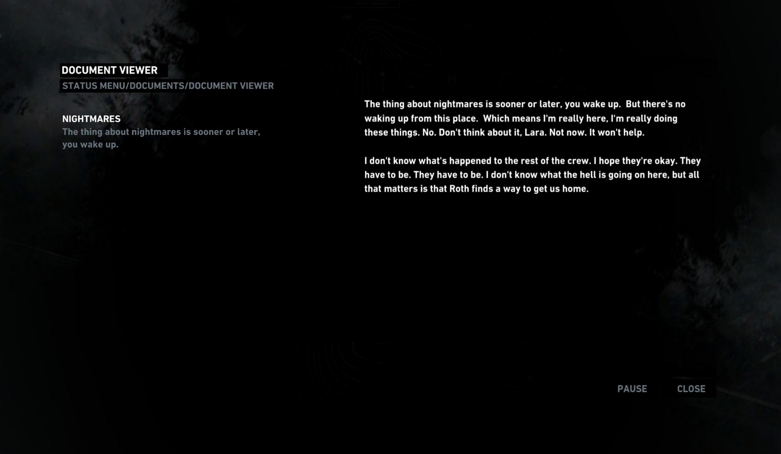 A screenshot of a journal text shown in the video game Tomb Raider (2013) Tomb Raider